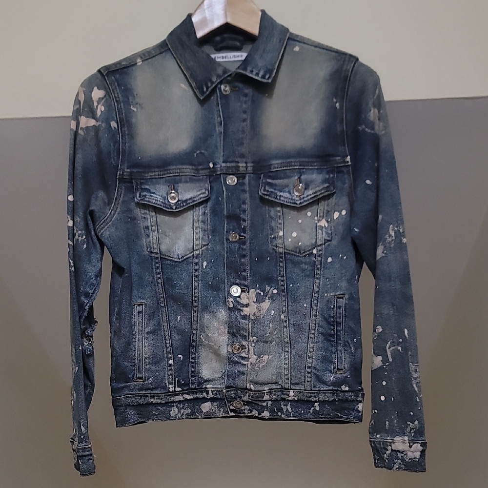 Mens EMBELLISH Distressed Denim Jacket.
